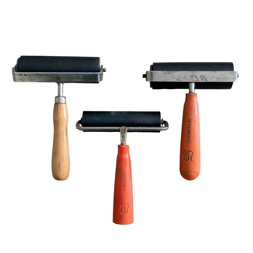 Speedball Brayer Set 3 Vintage Rubber Rollers Hunt Pen Co Wood Orange Handle
